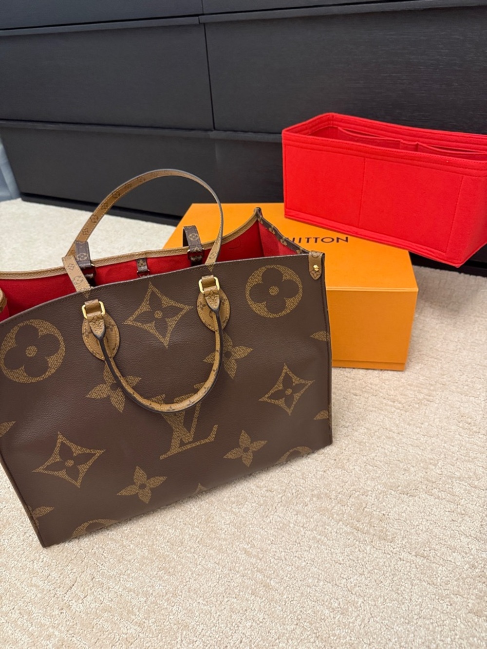 Louis Vuitton Brown Monogram Tote with Red Interior